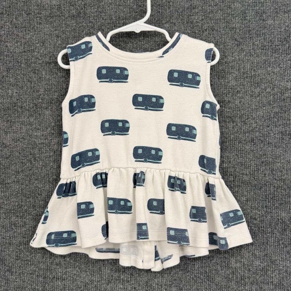 Kate Quinn Girls Peplum Bubble Top Sz 3T White Blue Camper Print Organic Cotton